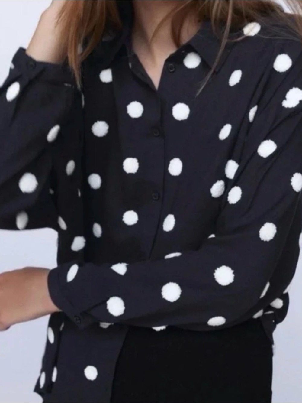 ZARA Black Textured Polka Dot Pom Pom Button Down Blouse Top Size L
